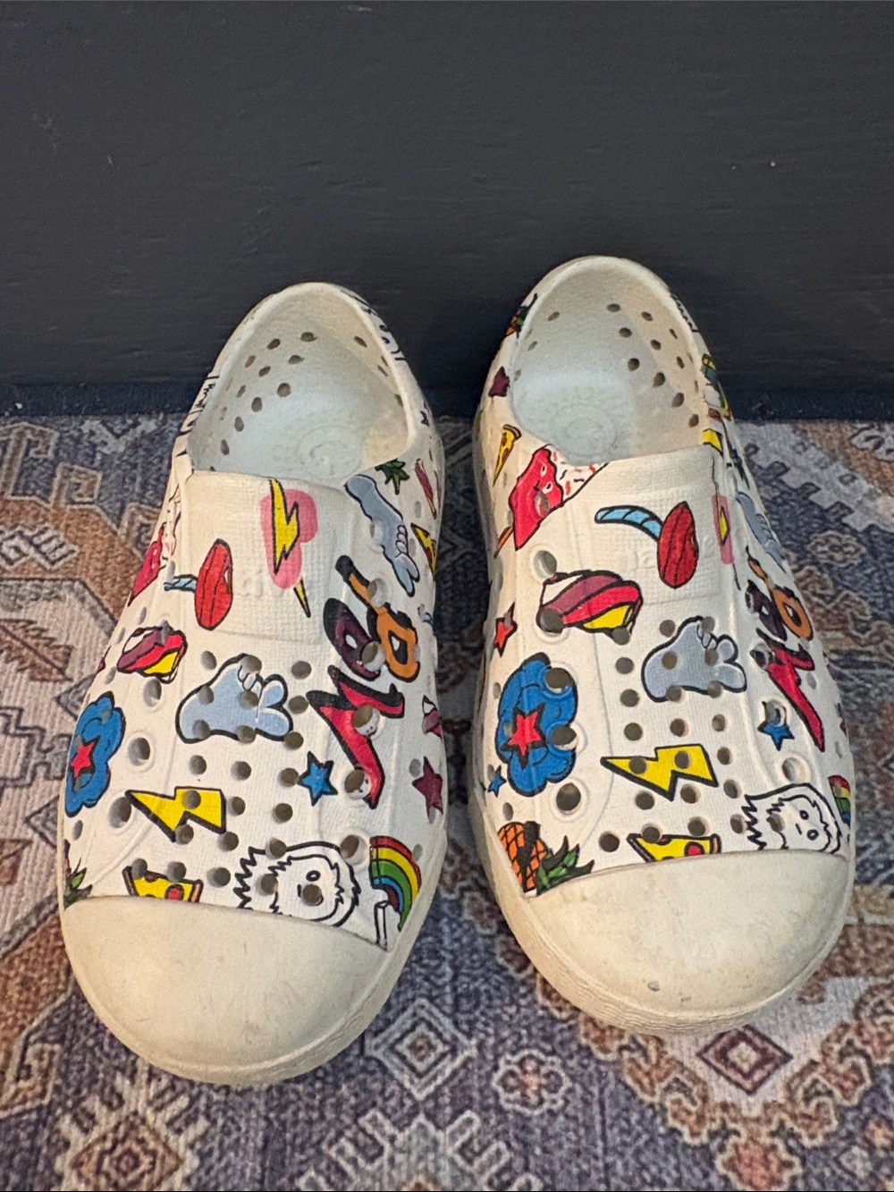 Native kids White Slip-On Shoes with Colorful Cartoon Prints